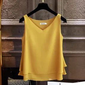 2019 Women's blouse Summer sleeveless Chiffon shirt Solid  V-neck