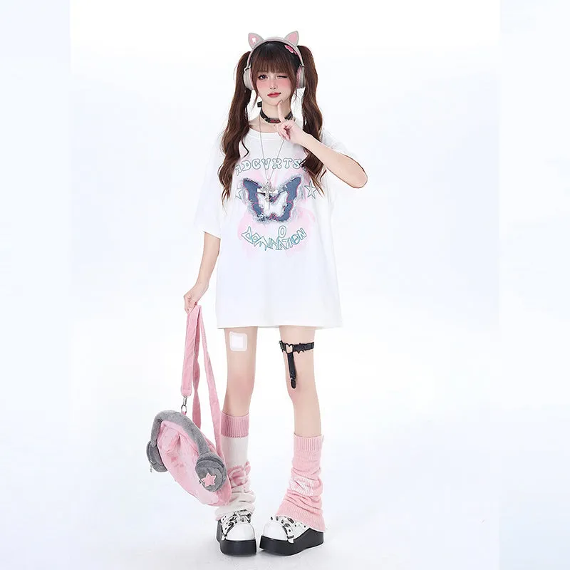 American Y2K Style Butterfly Embroidered Round Neck T-shirt