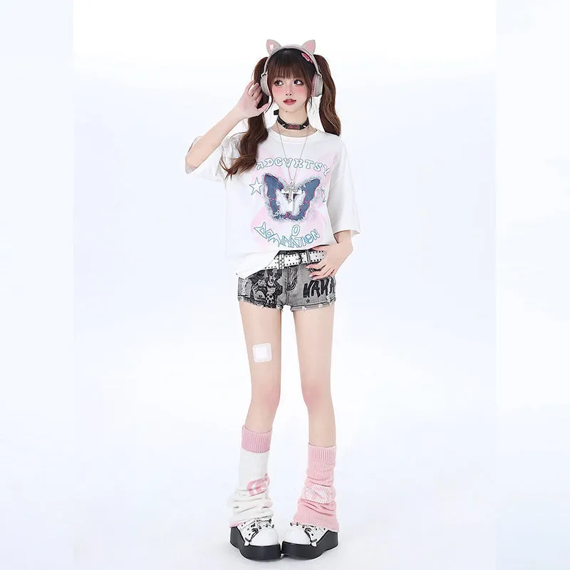 American Y2K Style Butterfly Embroidered Round Neck T-shirt