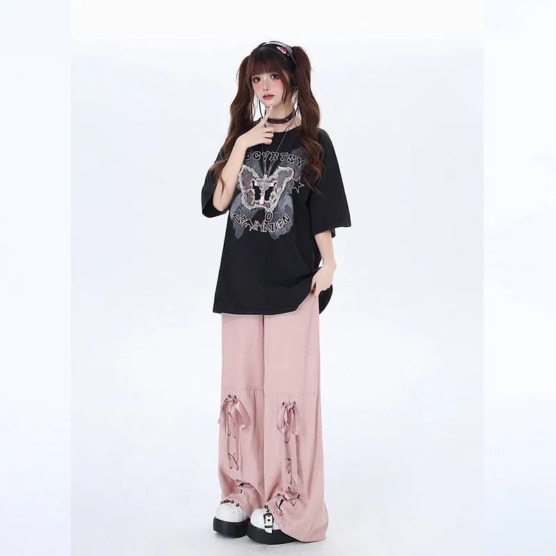 American Y2K Style Butterfly Embroidered Round Neck T-shirt