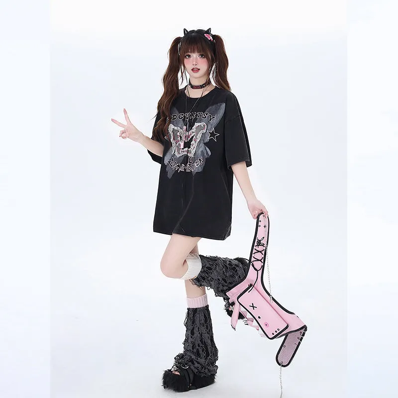 American Y2K Style Butterfly Embroidered Round Neck T-shirt