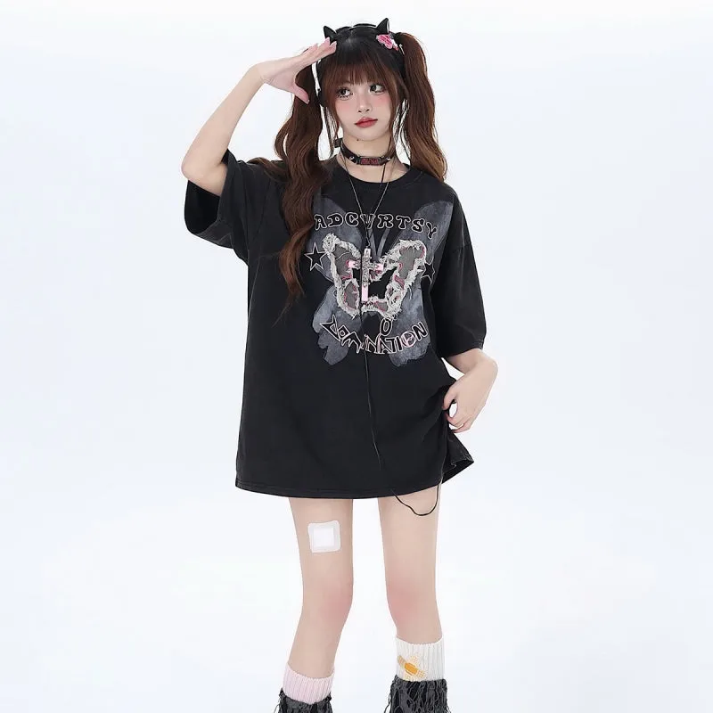 American Y2K Style Butterfly Embroidered Round Neck T-shirt