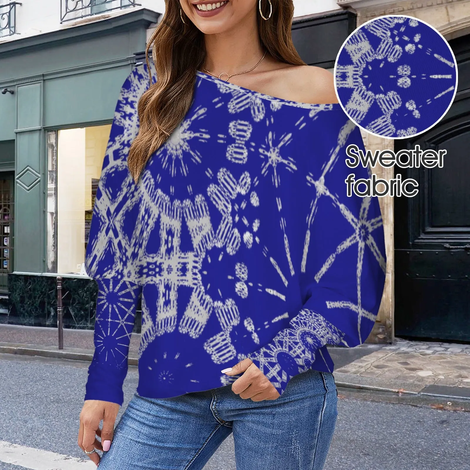 Batwing Long Sleeve Sweater Indigo and Gray Graphic