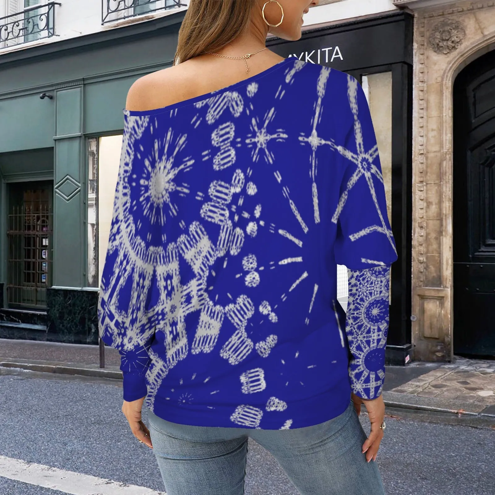 Batwing Long Sleeve Sweater Indigo and Gray Graphic