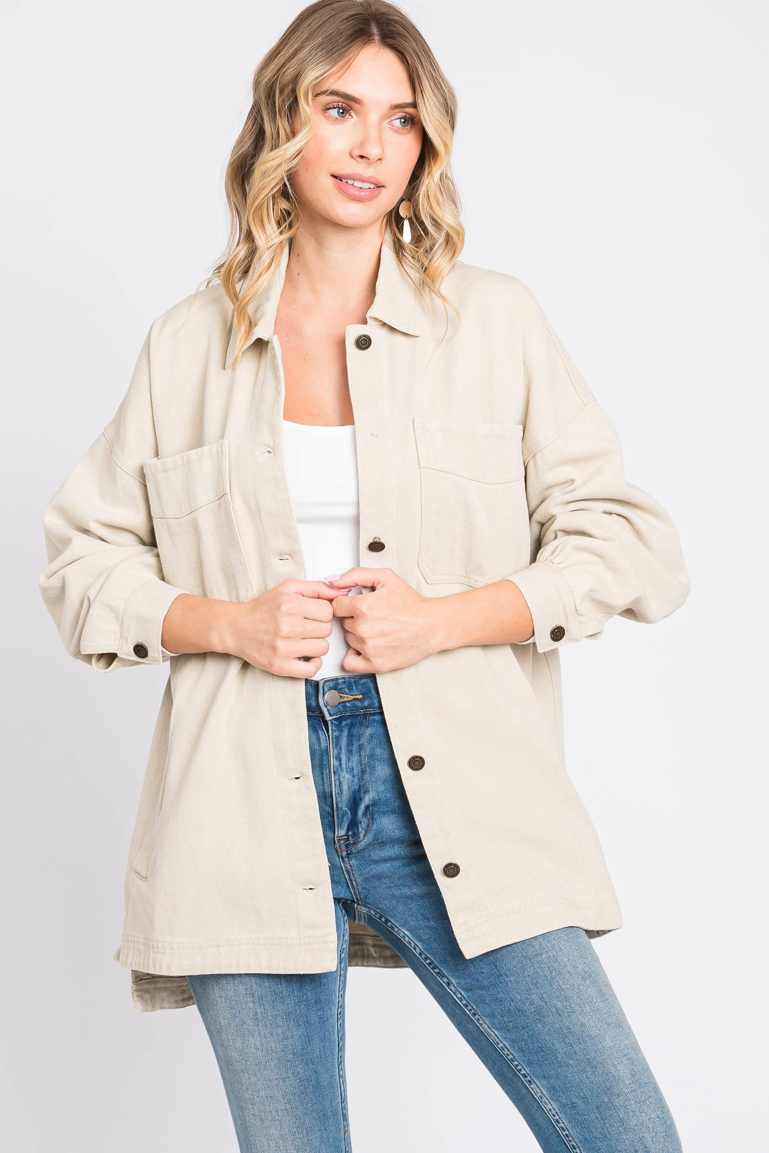 Beige Denim Button Down Button Down Jacket