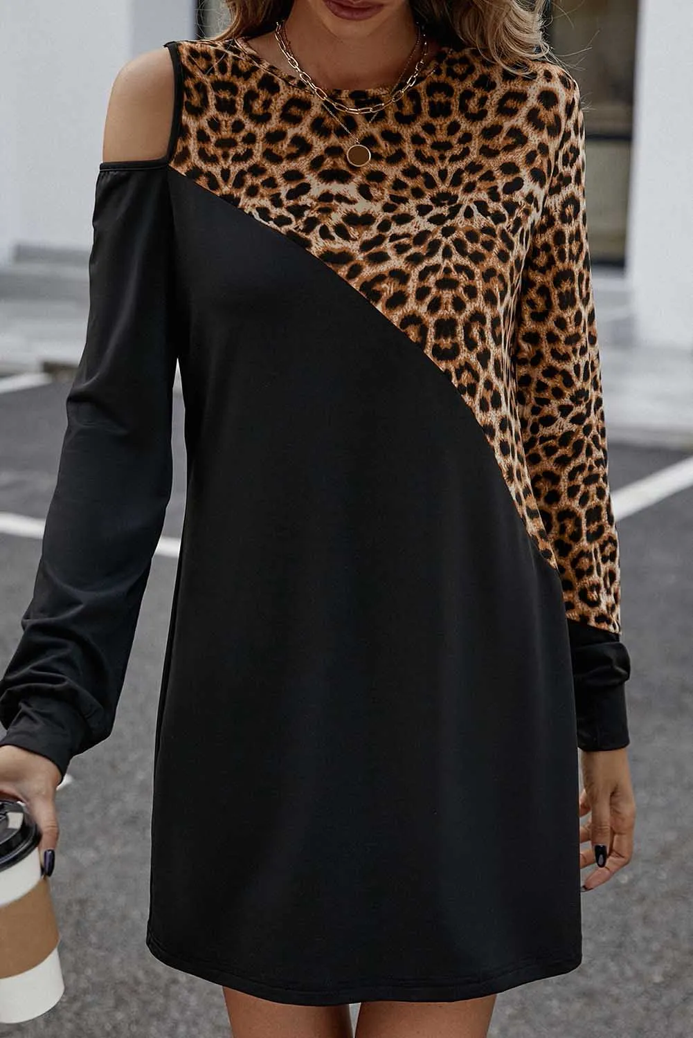Black Cold Shoulder Leopard Print Mini Dress