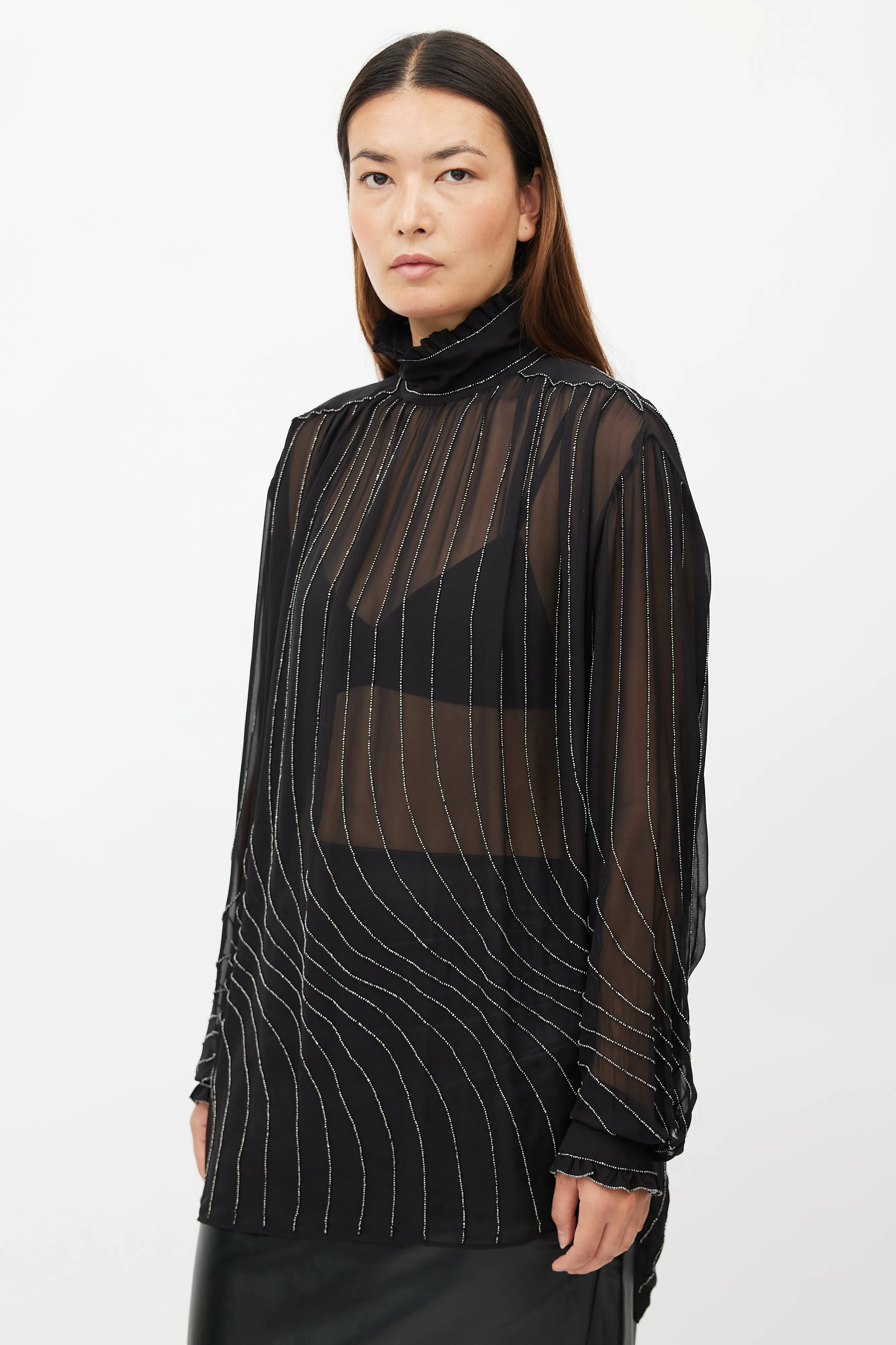 Black Sheer Beaded Silk Shirt