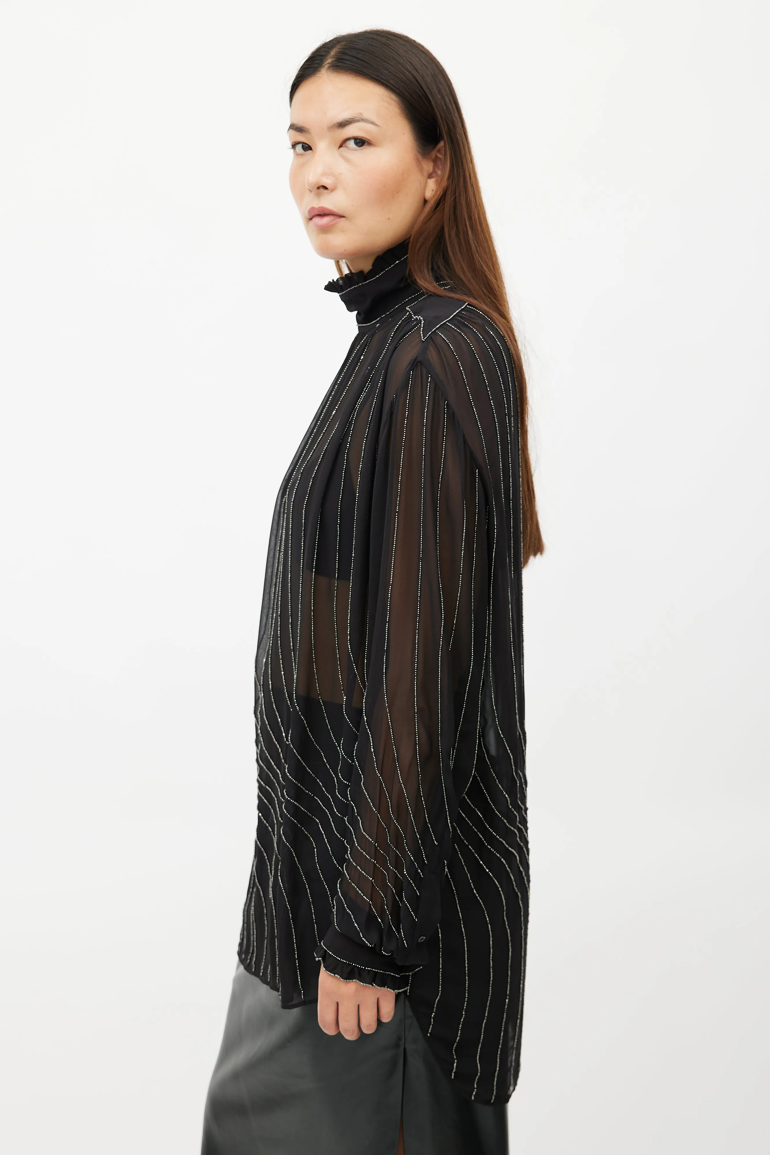 Black Sheer Beaded Silk Shirt