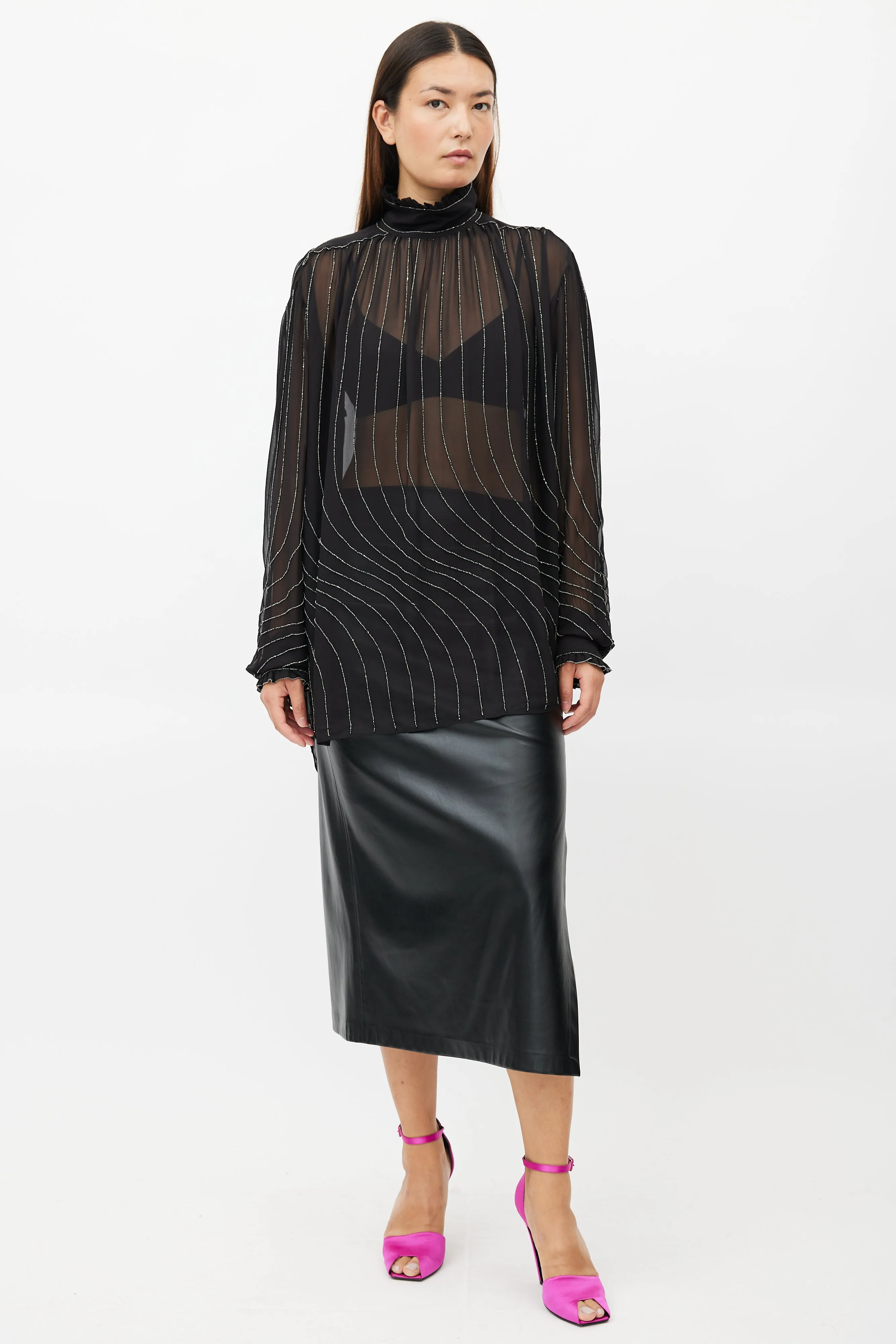 Black Sheer Beaded Silk Shirt