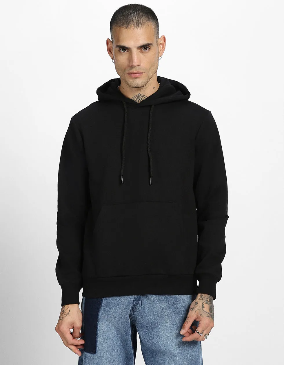 Classic Black Mens Solid Regular-Fit Hoodie - Comfortable Casual Wear