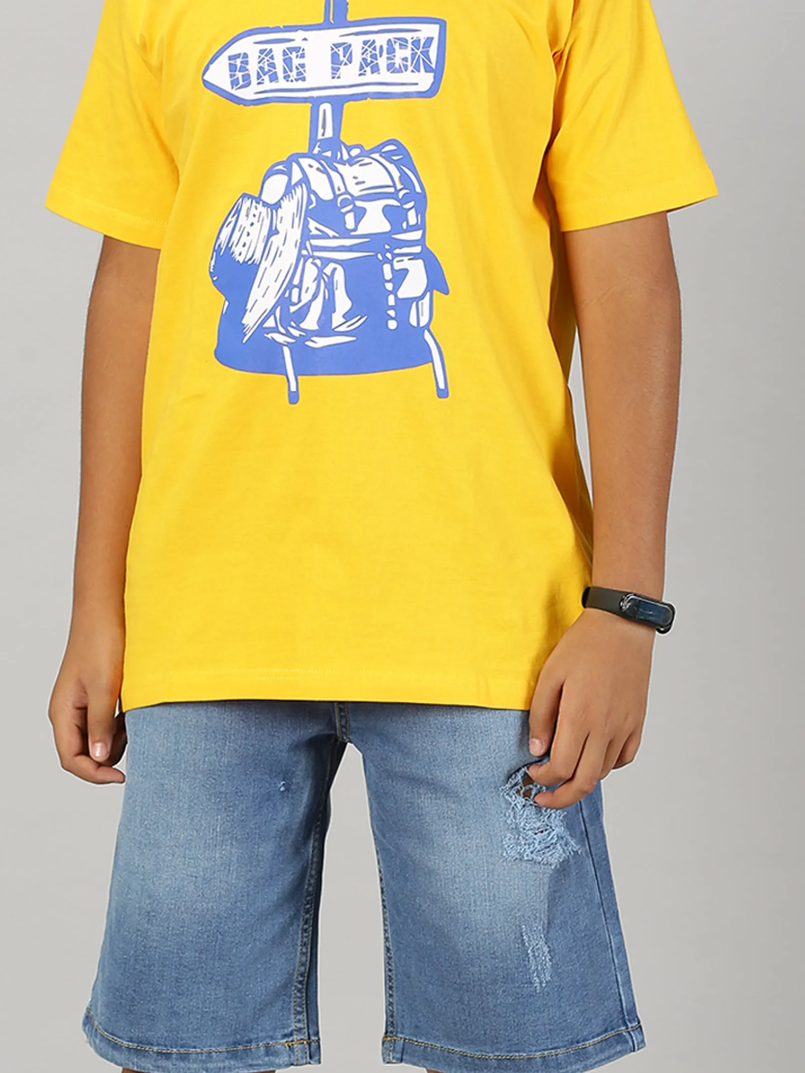 Boys Printed Round Neck Tee & Denim Shorts Set