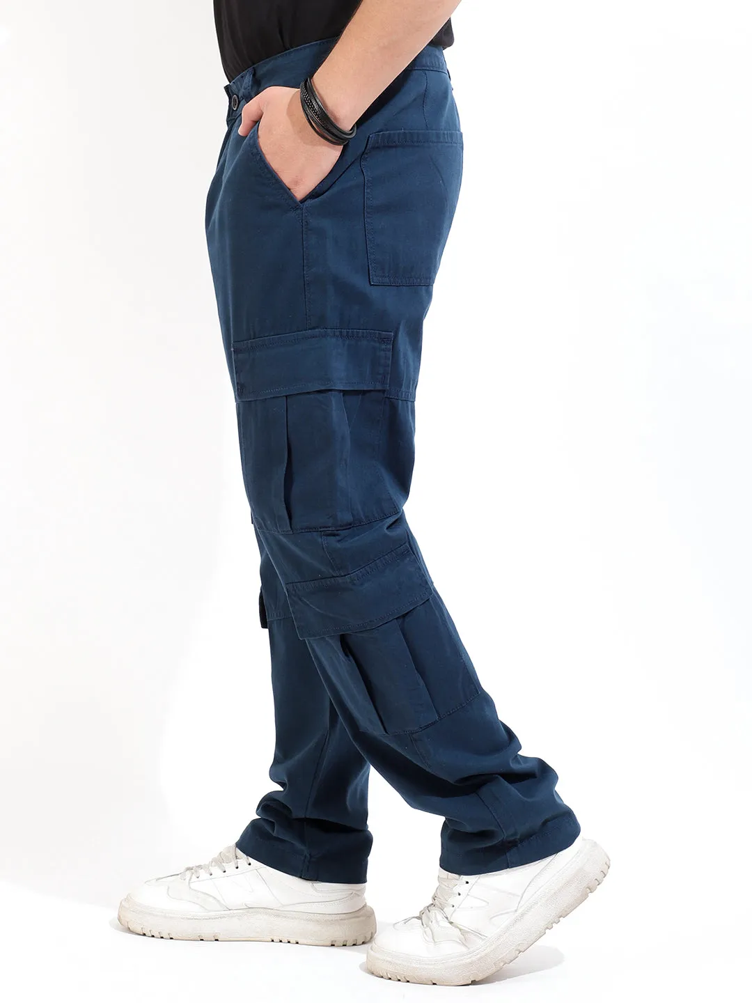 Celadon Blue Peach Finish Cotton 8 Pocket Open Bottom Cargo