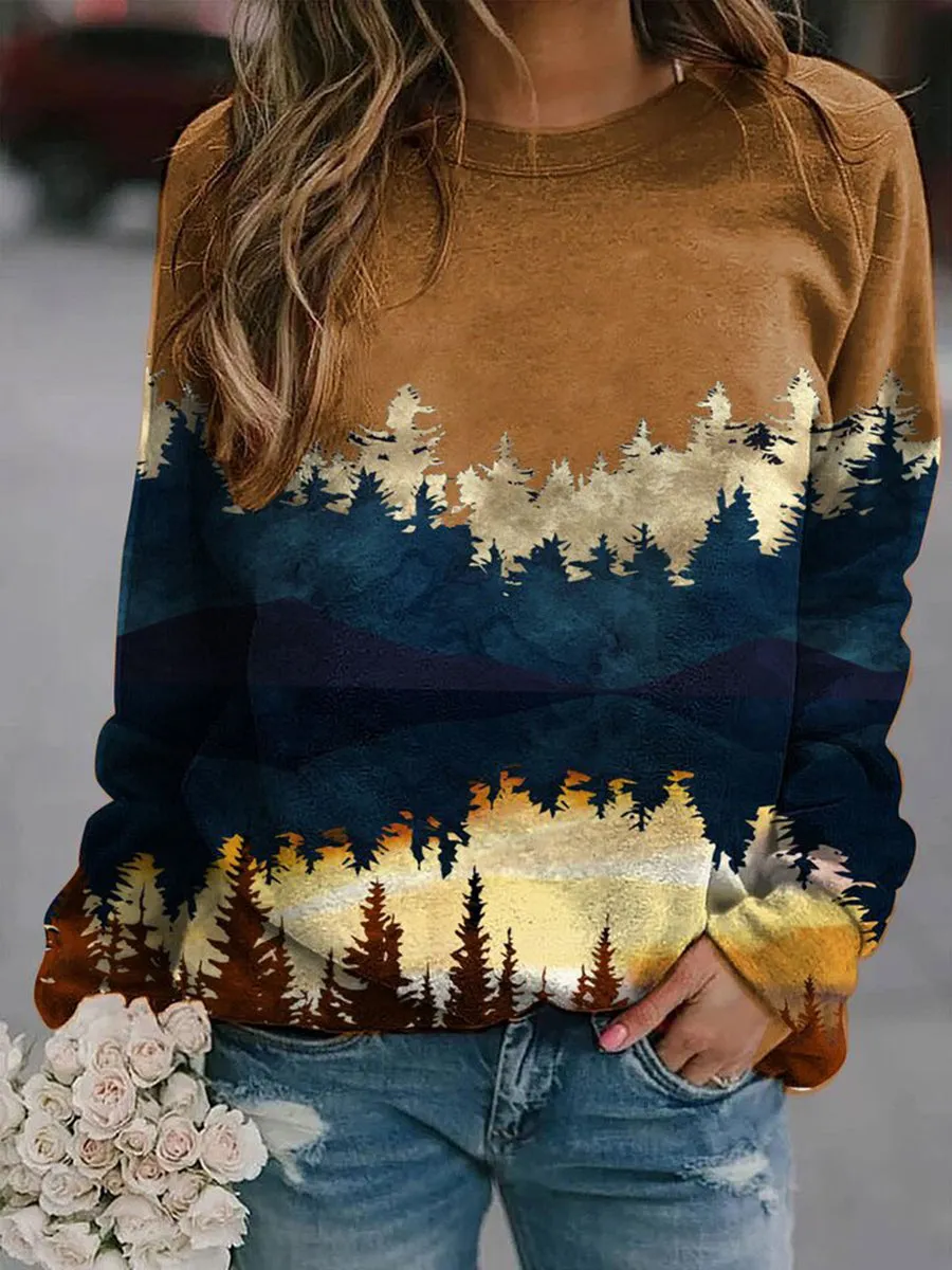 Fashion Casual Long-sleeved Landscape Print Top
