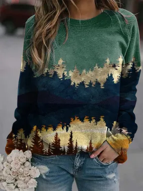 Fashion Casual Long-sleeved Landscape Print Top