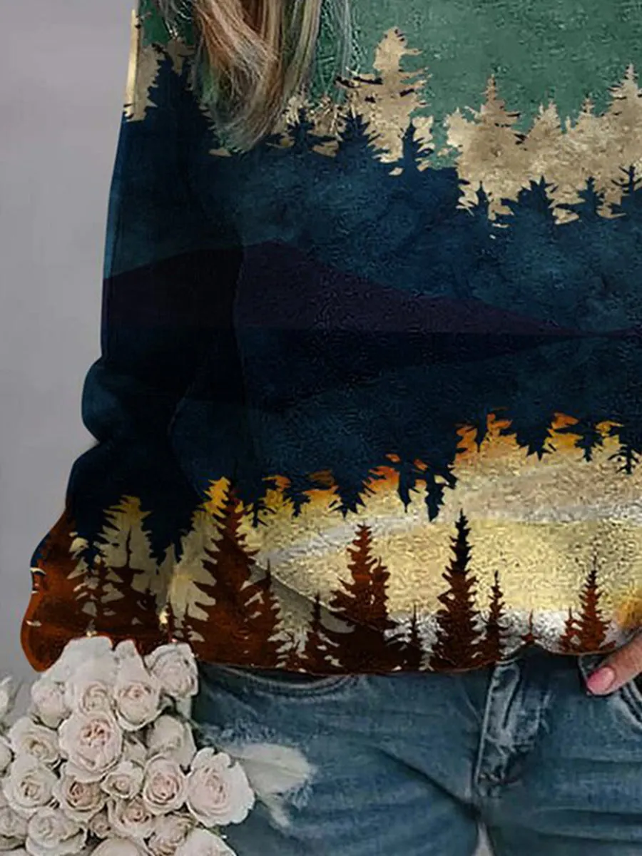 Fashion Casual Long-sleeved Landscape Print Top