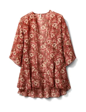 Floral Chiffon Flounce Hem Woven Kimono