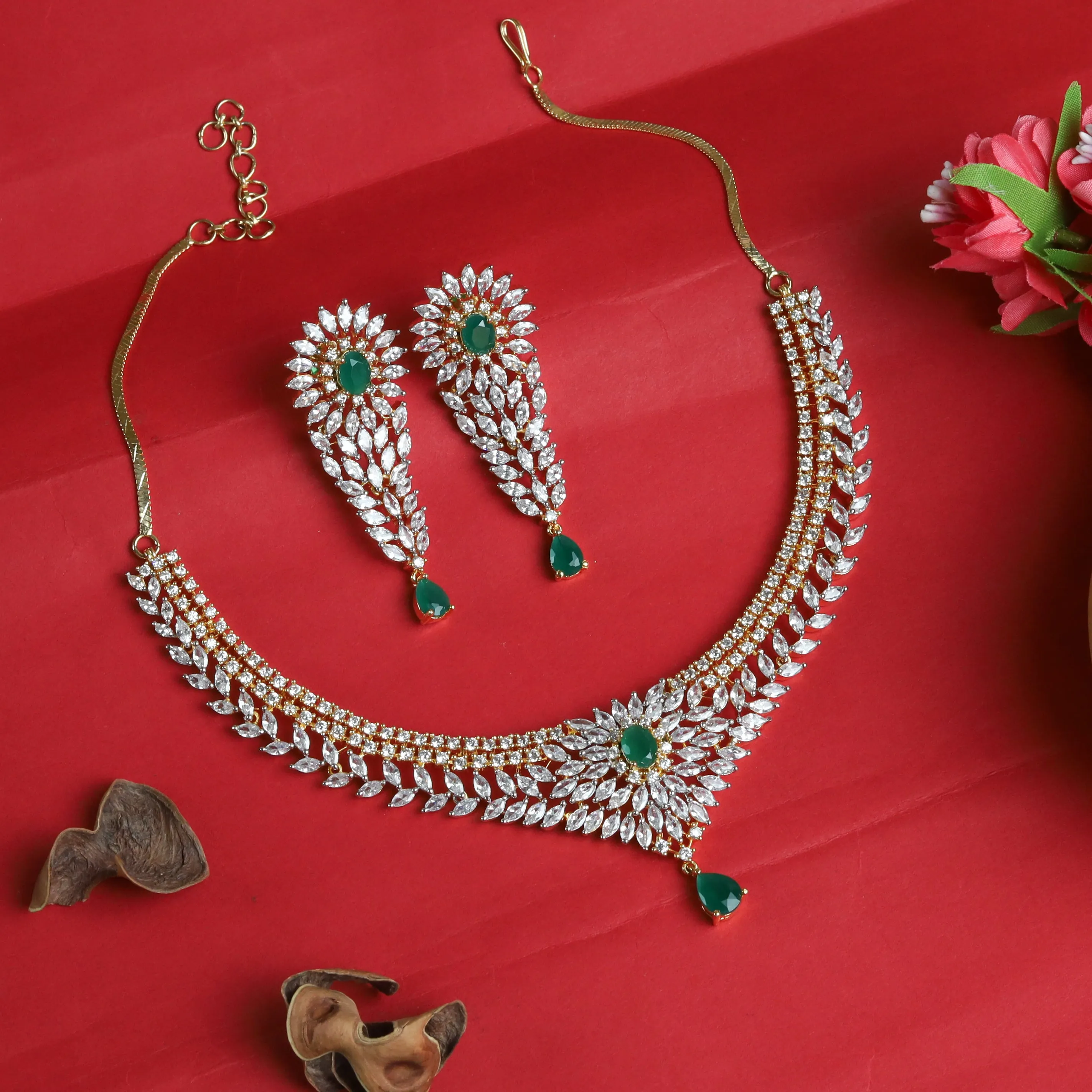 Green Zircon/AD Necklace Set 7610-1194