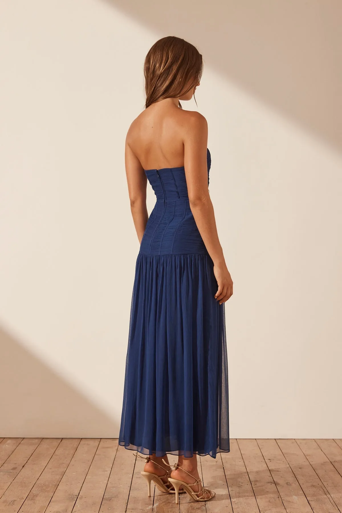 ISOLA STRAPLESS RUCHED MIDI DRESS - TYRRHENIAN BLUE