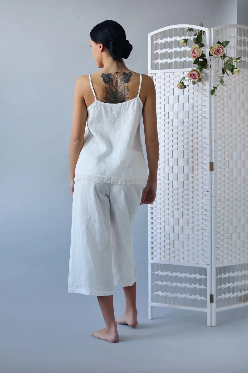 Linen Cropped Pajama Pants ISABELLA with Wide Leg/ Linen Loungewear