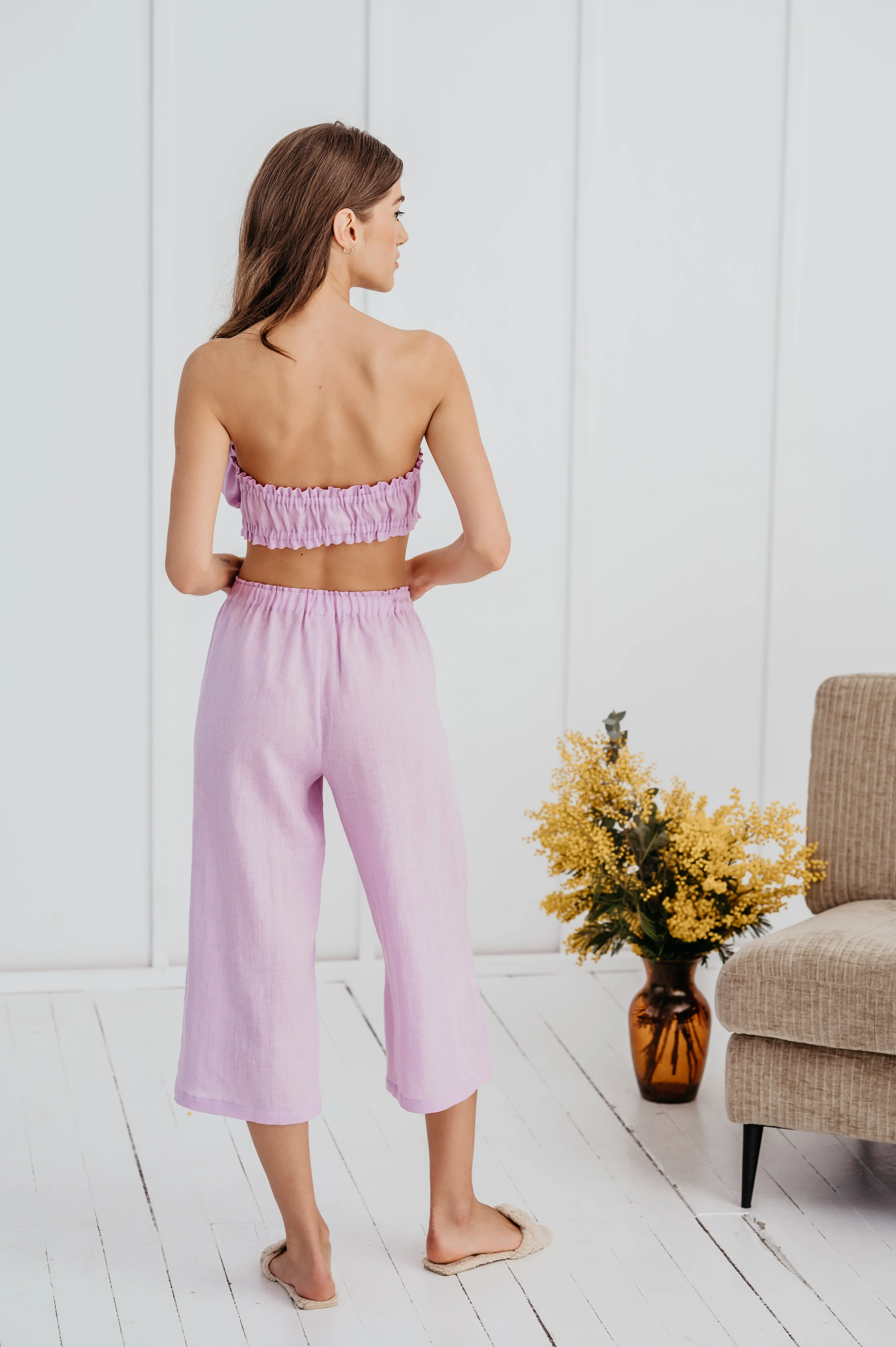Linen Cropped Pajama Pants ISABELLA with Wide Leg/ Linen Loungewear