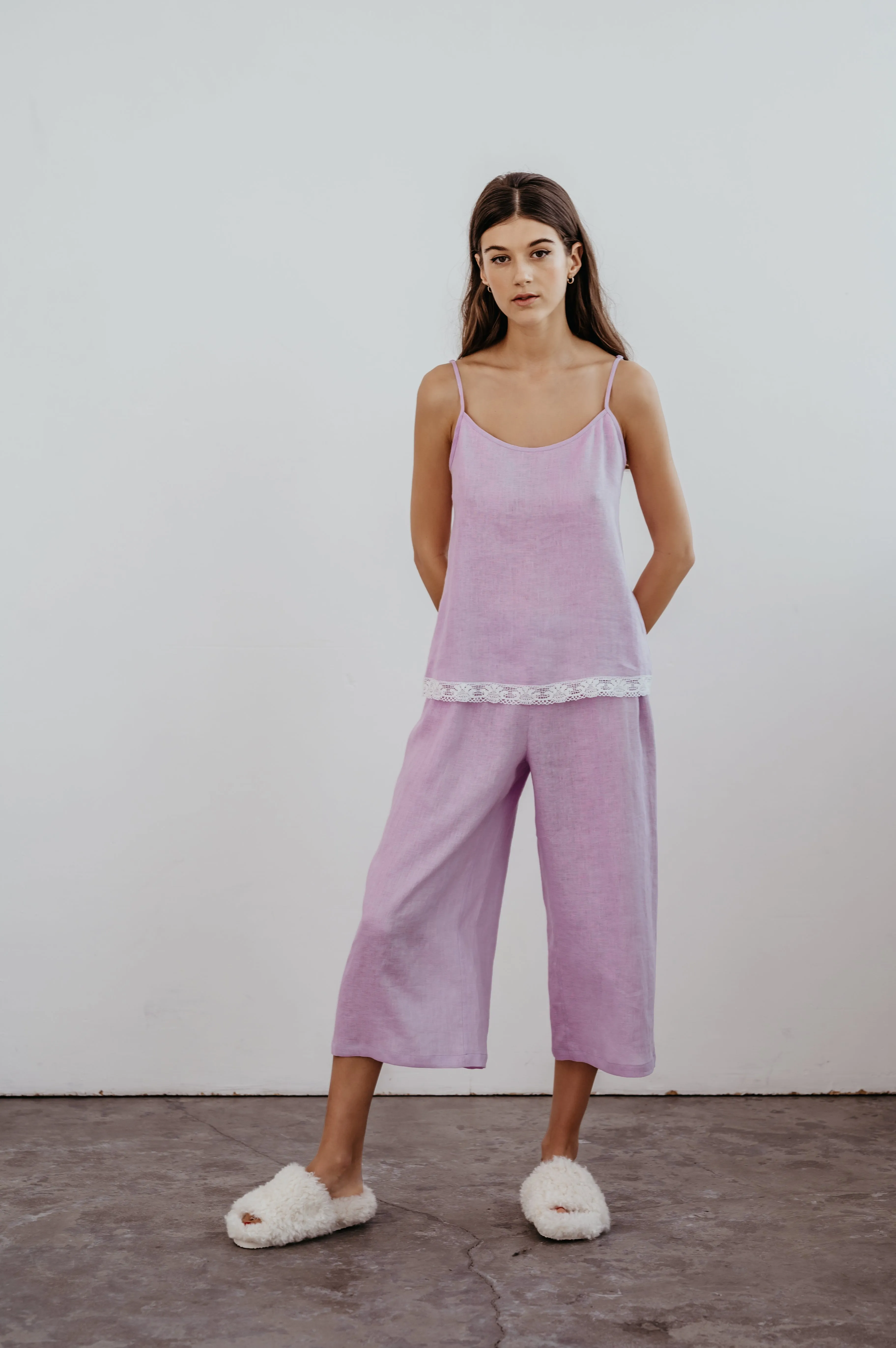 Linen Cropped Pajama Pants ISABELLA with Wide Leg/ Linen Loungewear