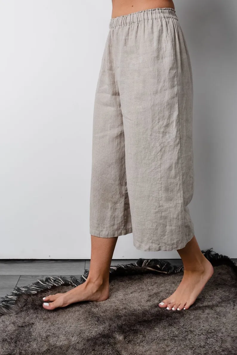 Linen Cropped Pajama Pants ISABELLA with Wide Leg/ Linen Loungewear