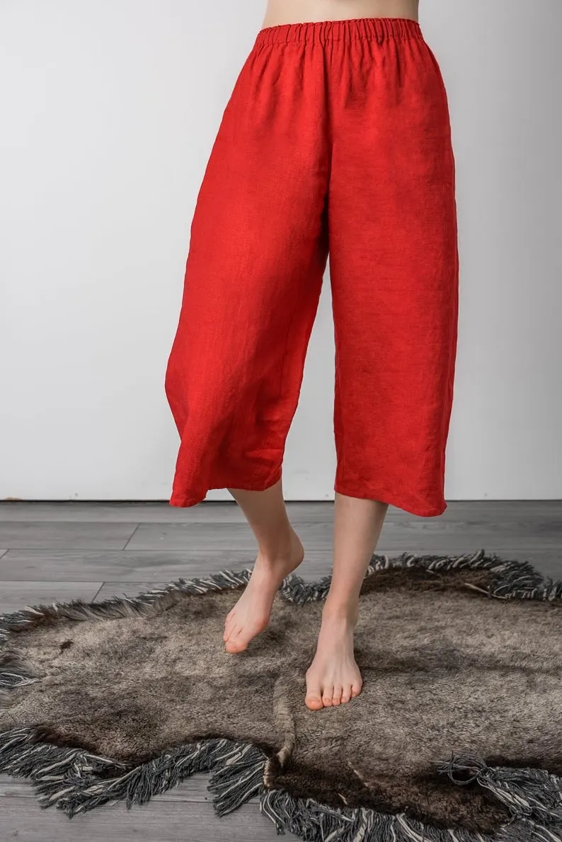 Linen Cropped Pajama Pants ISABELLA with Wide Leg/ Linen Loungewear