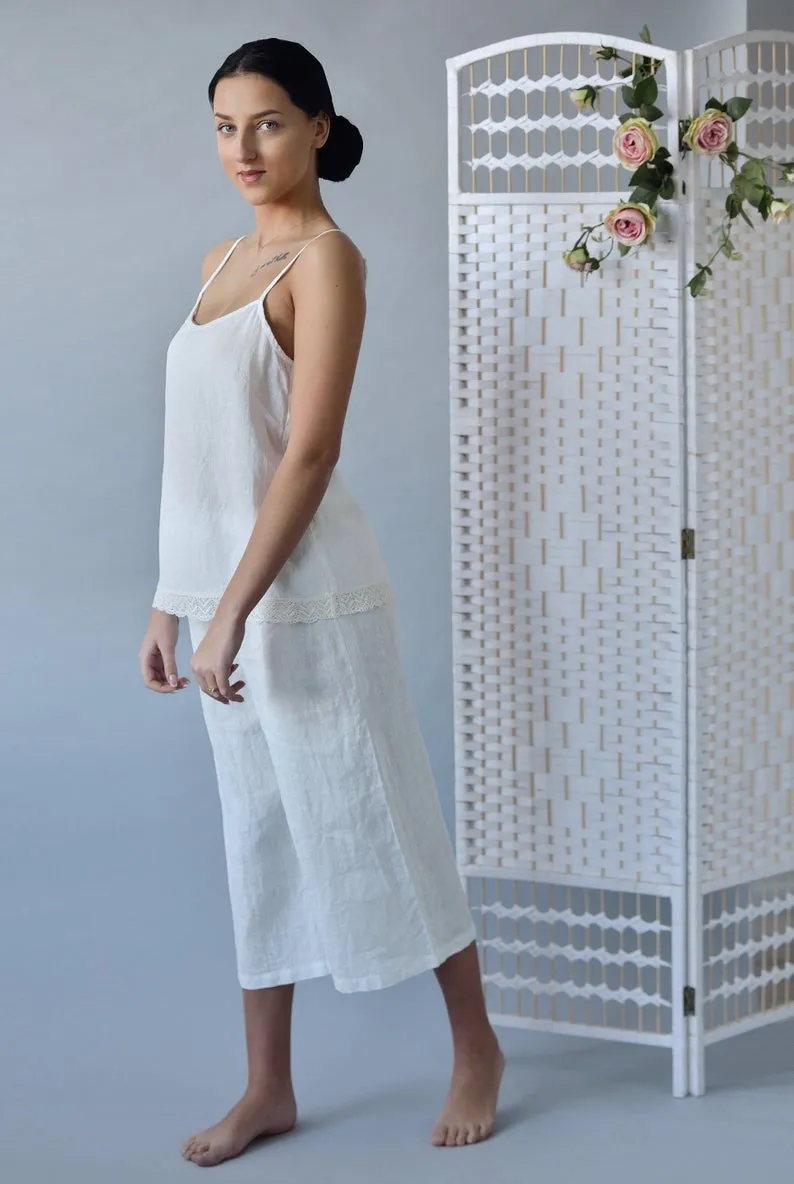 Linen Cropped Pajama Pants ISABELLA with Wide Leg/ Linen Loungewear