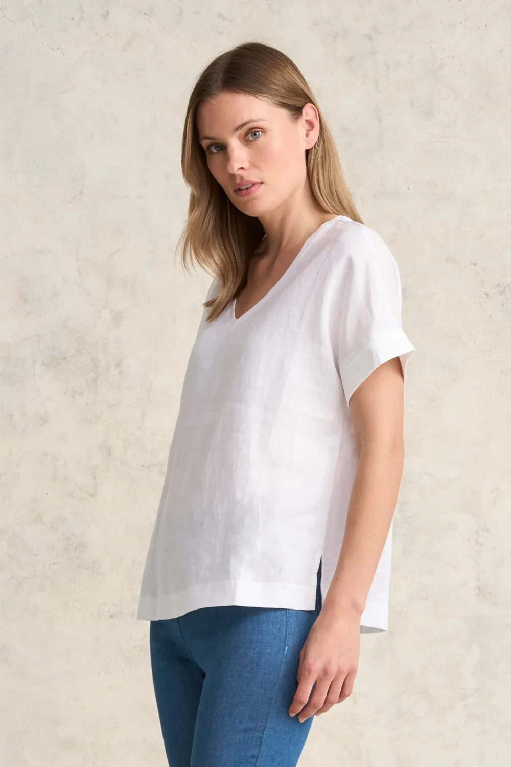 Linen Mix V-Neck Top - White