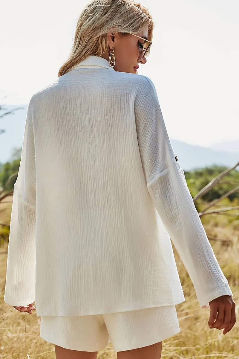 Long Sleeve White Shirt Top Cotton Linen Shorts Casual Suit