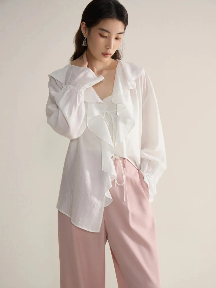 LVSANW DUSHU Ruffled White Women Loose Shirt Summer Sun Protecting Long Sleeve Blouses Lace Up Female Solid Blouse Tops 24DS82586