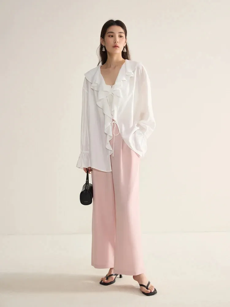 LVSANW DUSHU Ruffled White Women Loose Shirt Summer Sun Protecting Long Sleeve Blouses Lace Up Female Solid Blouse Tops 24DS82586