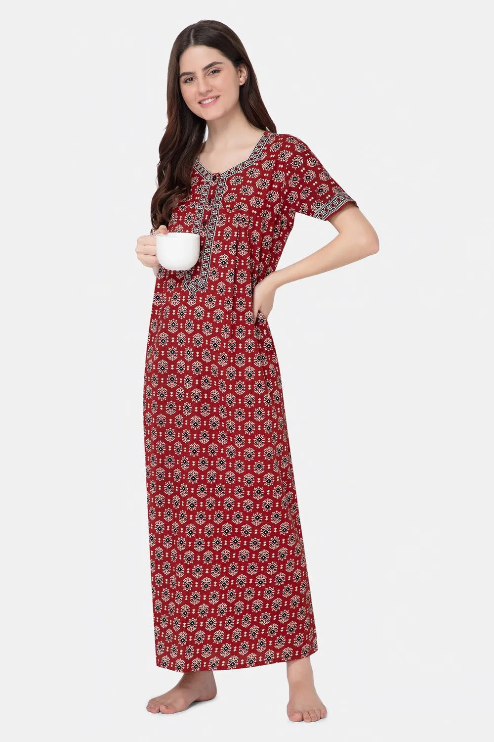 Naidu Hall Round Neck Half Sleeve Front Button Open Nighty - Maroon - NT15