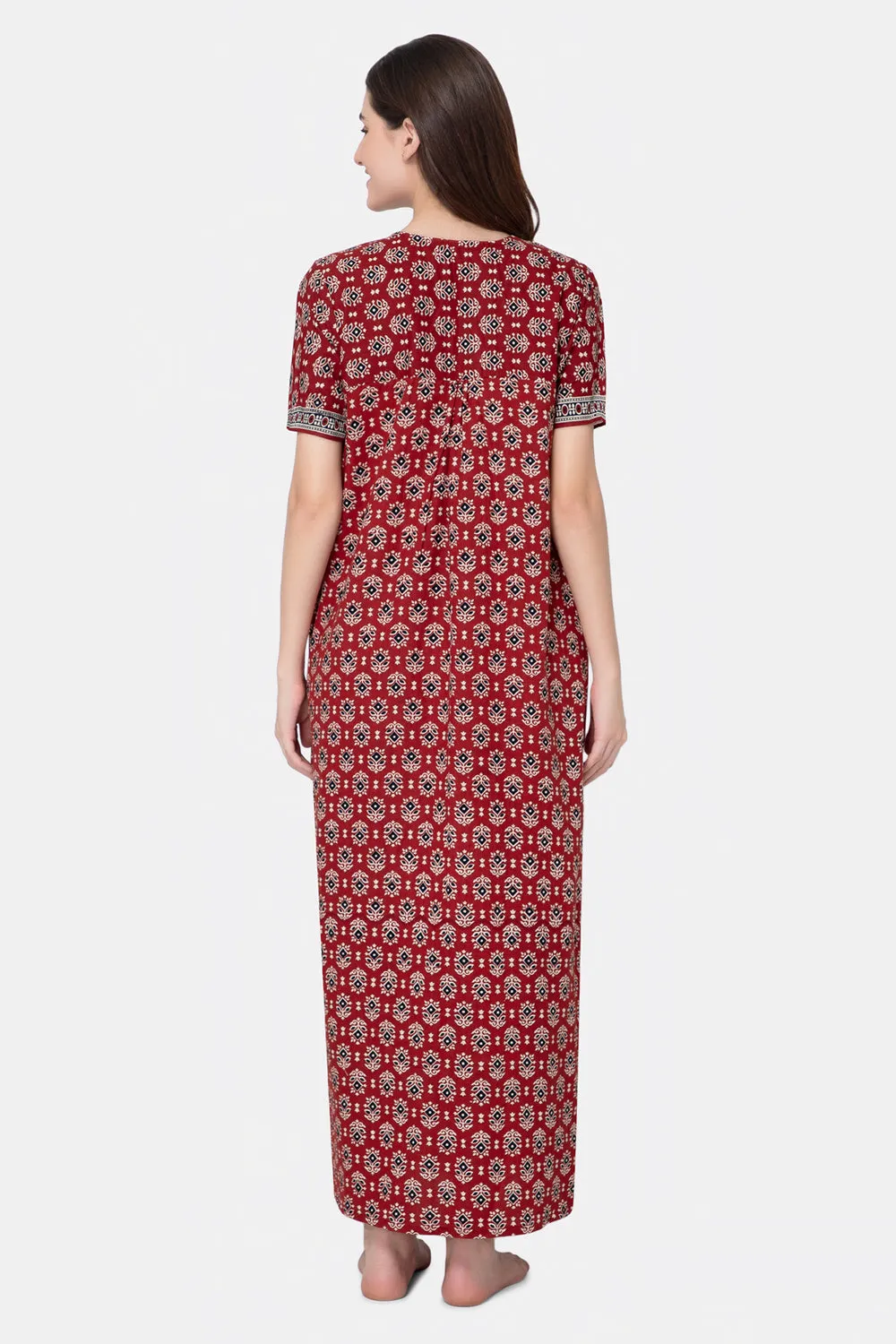 Naidu Hall Round Neck Half Sleeve Front Button Open Nighty - Maroon - NT15