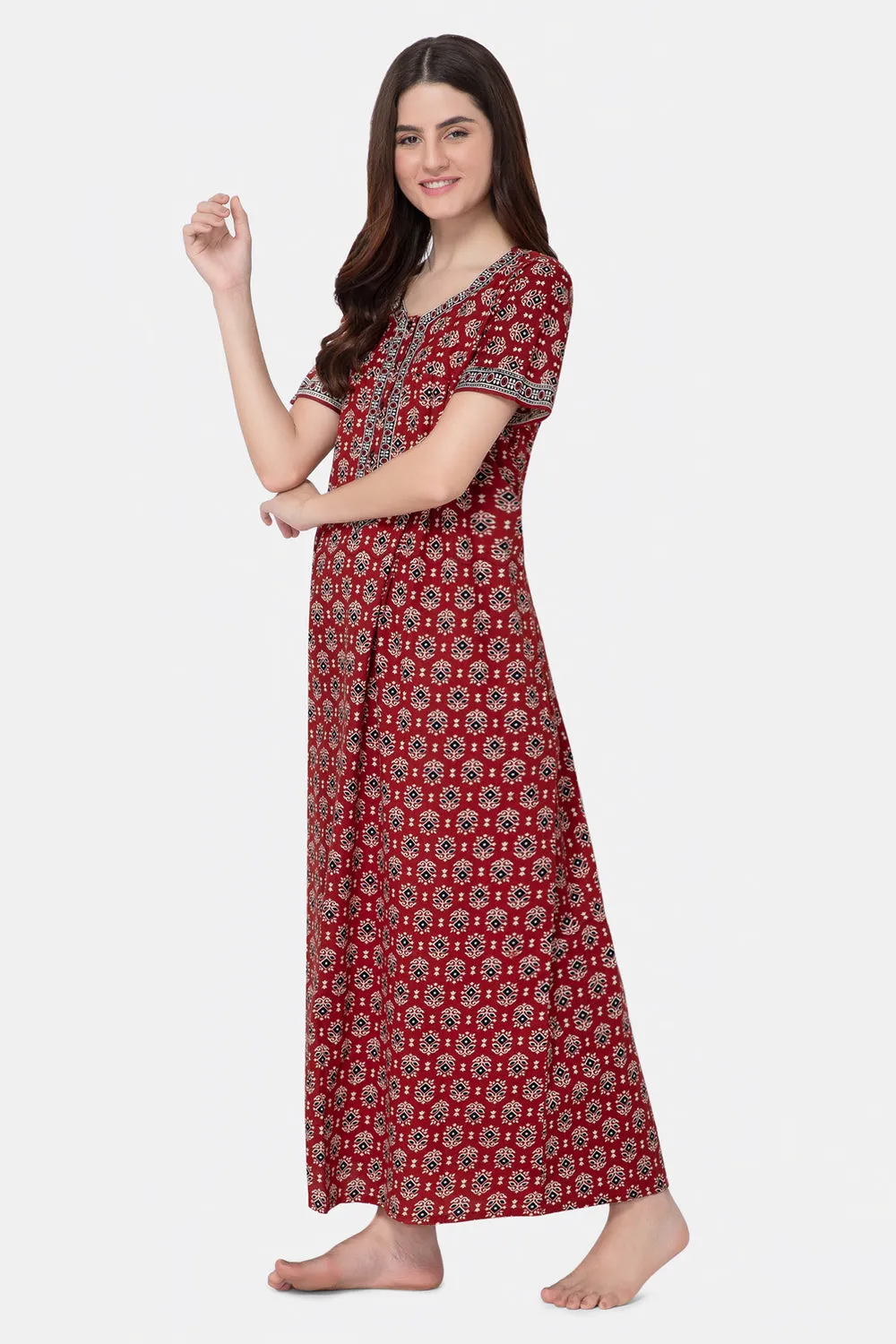Naidu Hall Round Neck Half Sleeve Front Button Open Nighty - Maroon - NT15