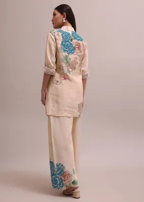 Peach Linen Summer Co-ord Set With Floral Stripe Print Kurta And Pants