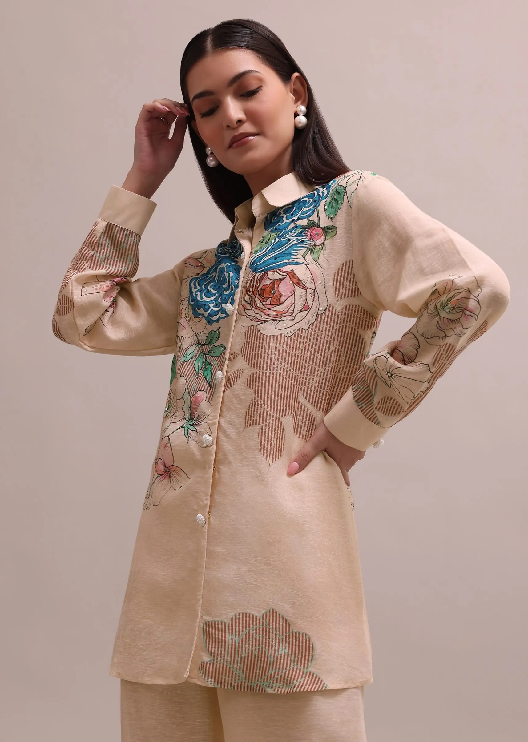 Peach Linen Summer Co-ord Set With Floral Stripe Print Kurta And Pants