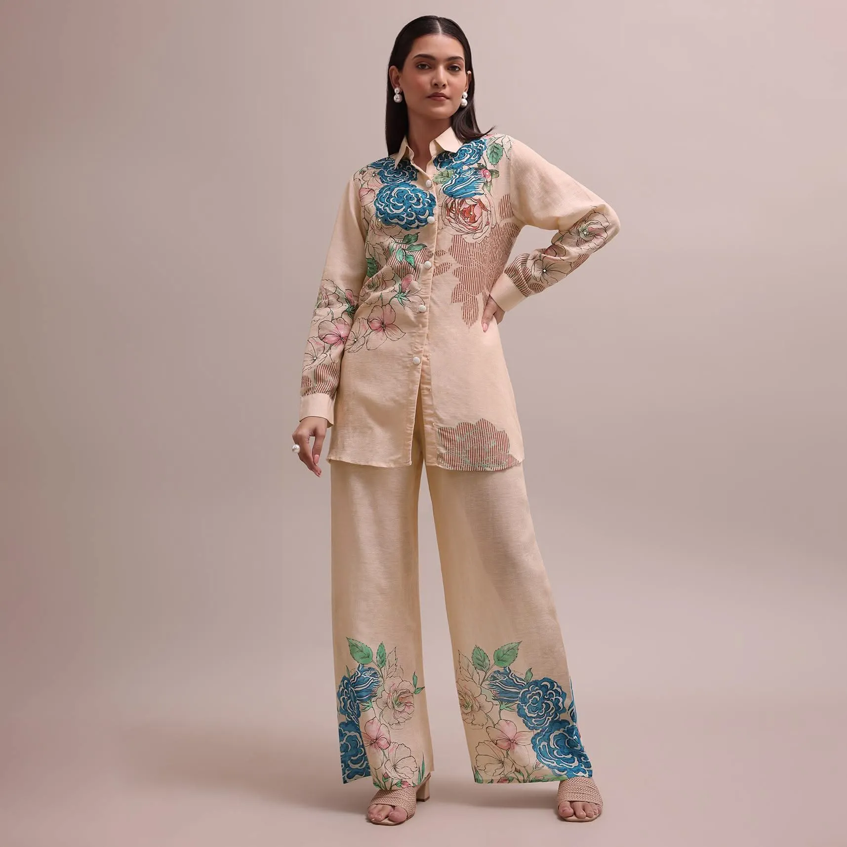 Peach Linen Summer Co-ord Set With Floral Stripe Print Kurta And Pants
