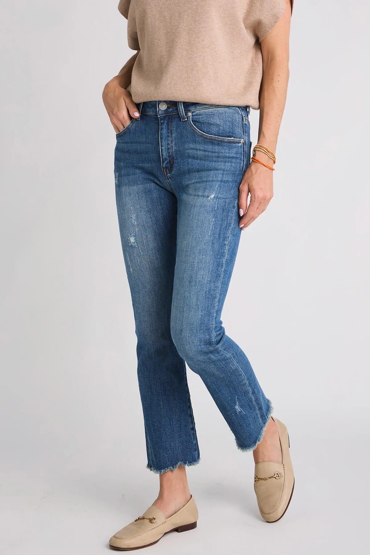 Risen Slightly Distressed Frayed Hem Straight Leg Jeans
