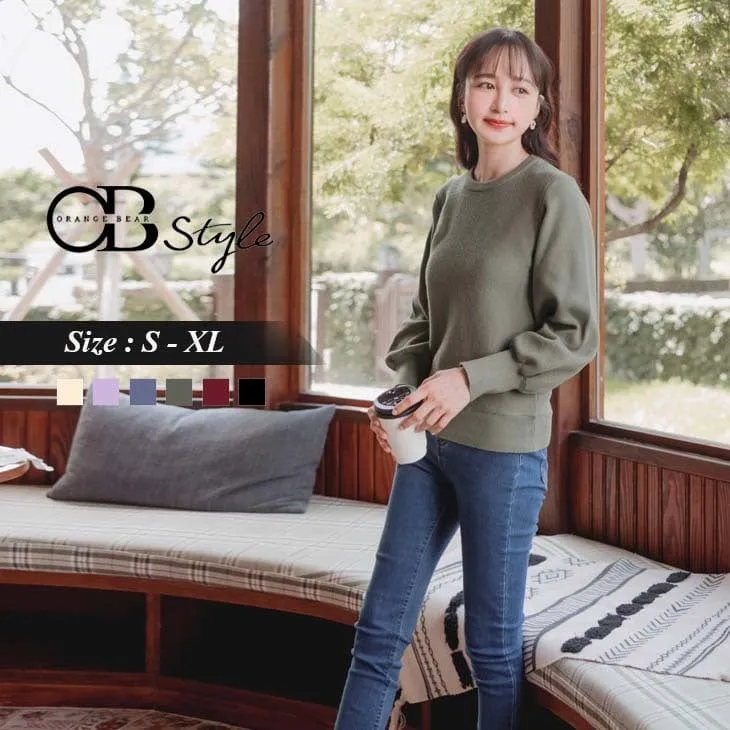 ROUND NECK LONG SLEEVE PUFF SLEEVE KNIT COTTON TOPS