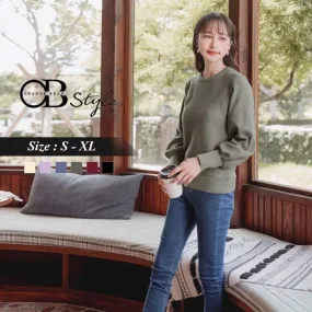 ROUND NECK LONG SLEEVE PUFF SLEEVE KNIT COTTON TOPS