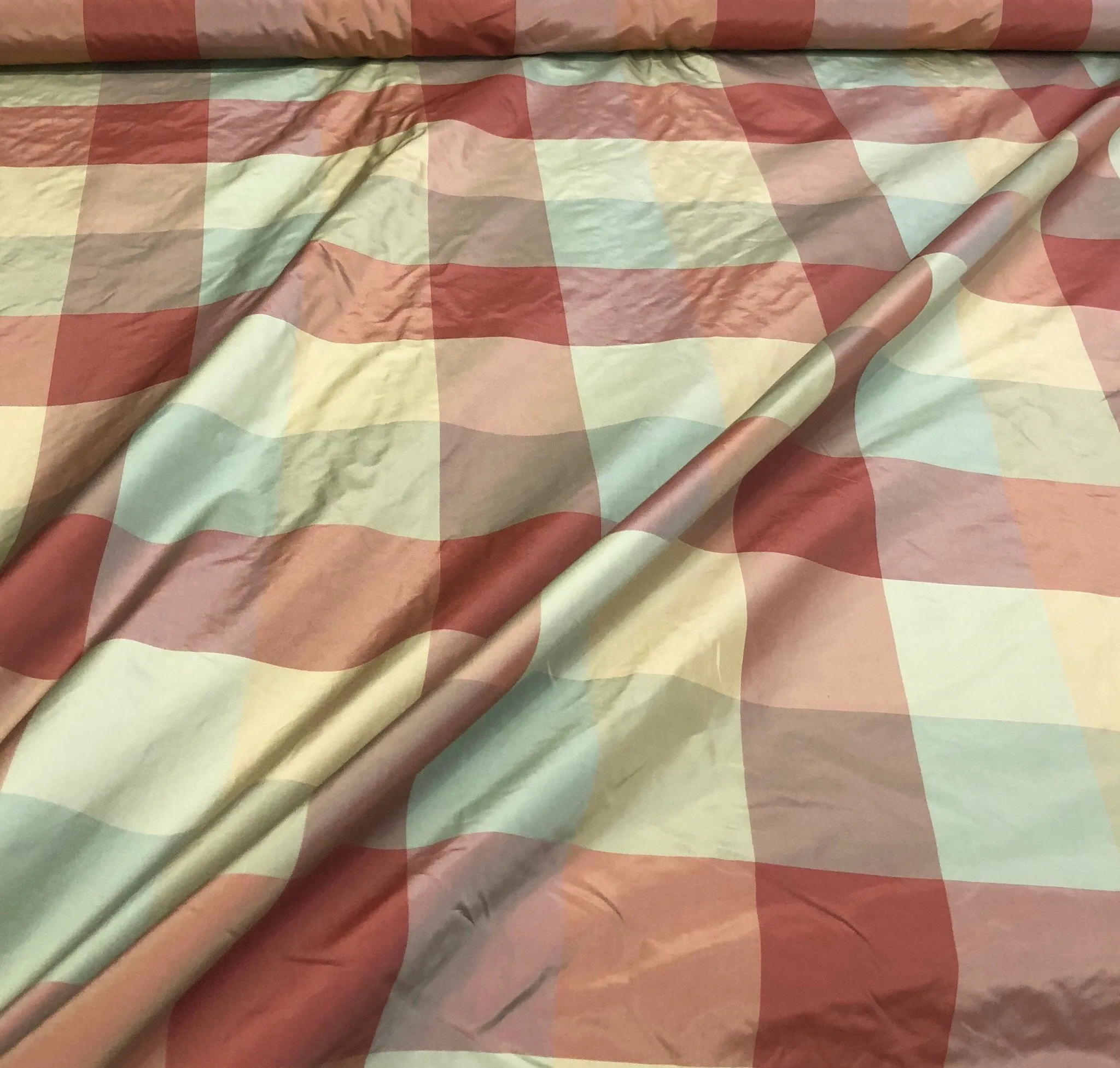 Silk taffeta plaid 54&quot; wide    Beautiful sage green gold wine mix silk taffeta fabric sold by the yard