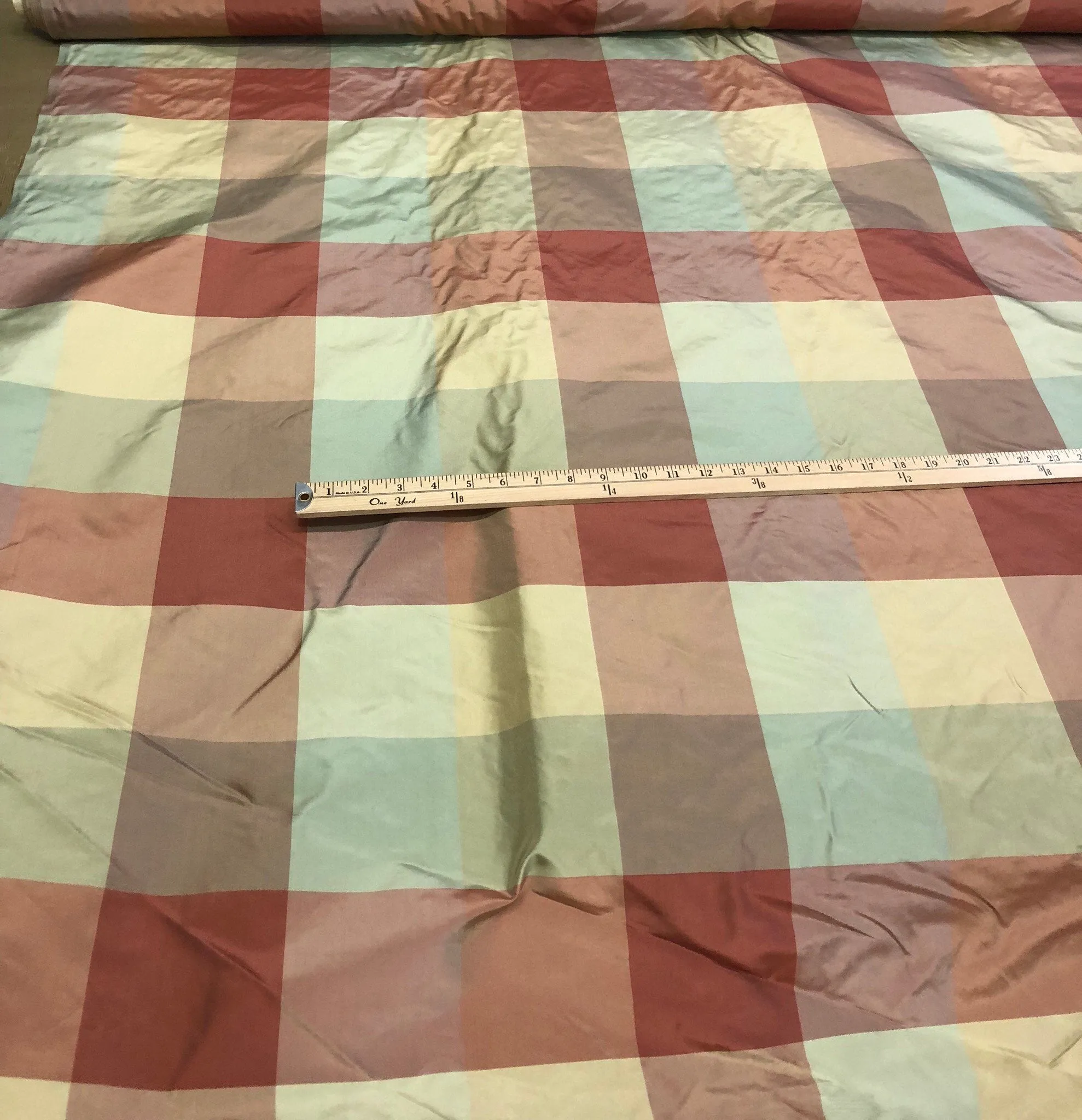 Silk taffeta plaid 54&quot; wide    Beautiful sage green gold wine mix silk taffeta fabric sold by the yard