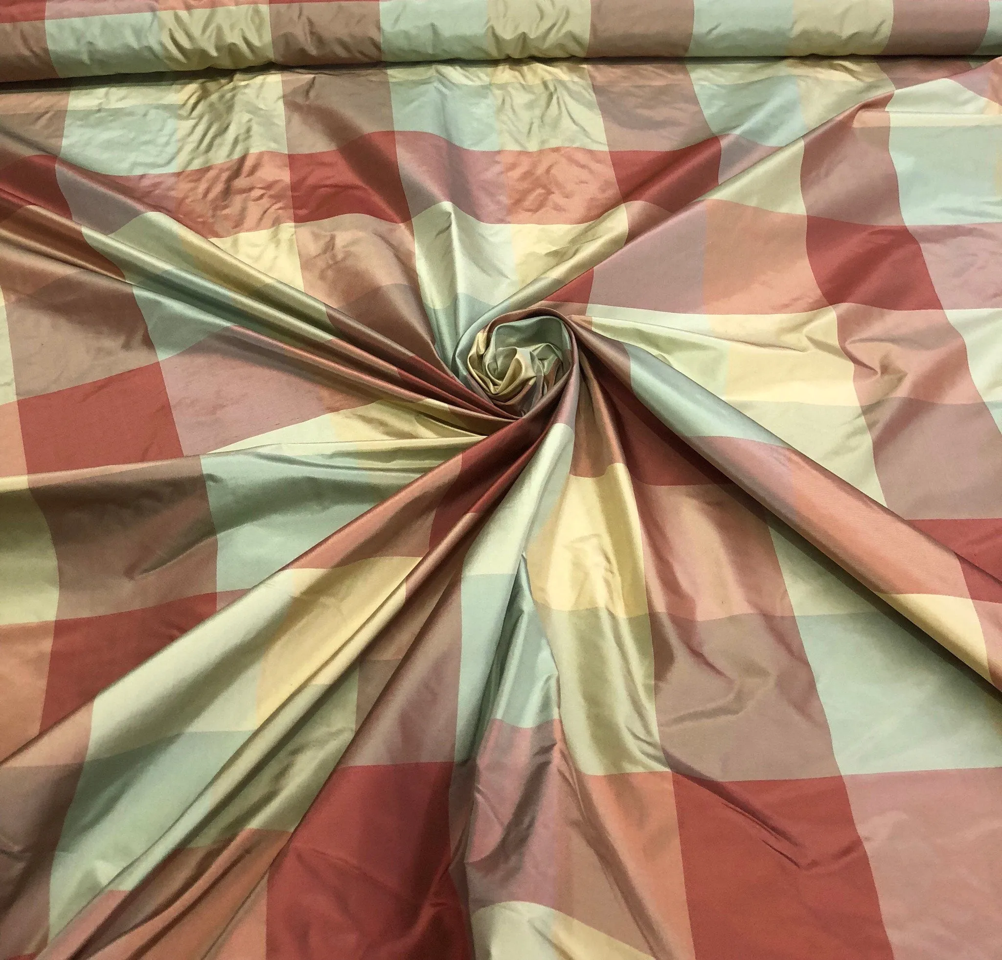 Silk taffeta plaid 54&quot; wide    Beautiful sage green gold wine mix silk taffeta fabric sold by the yard