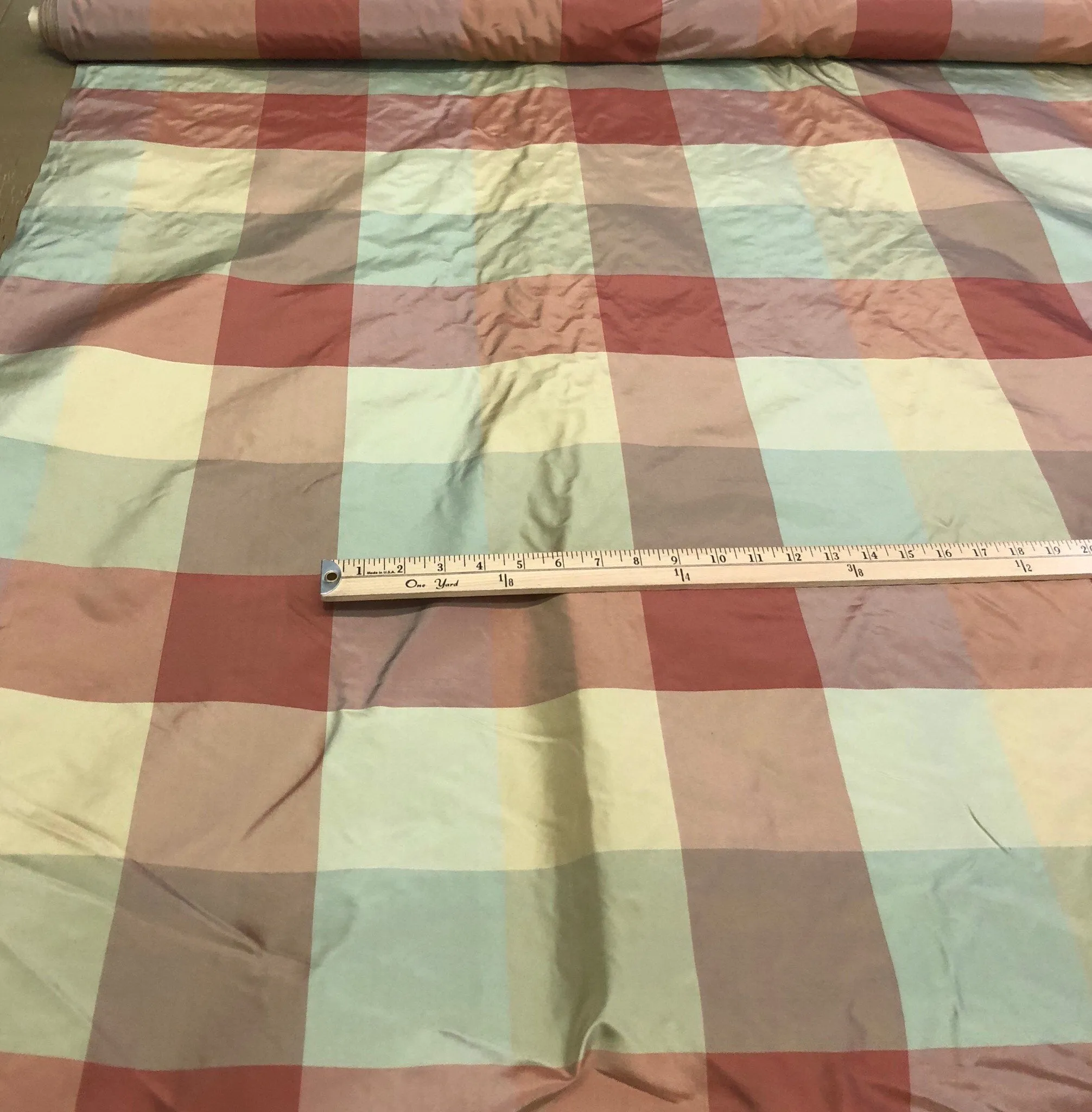 Silk taffeta plaid 54&quot; wide    Beautiful sage green gold wine mix silk taffeta fabric sold by the yard