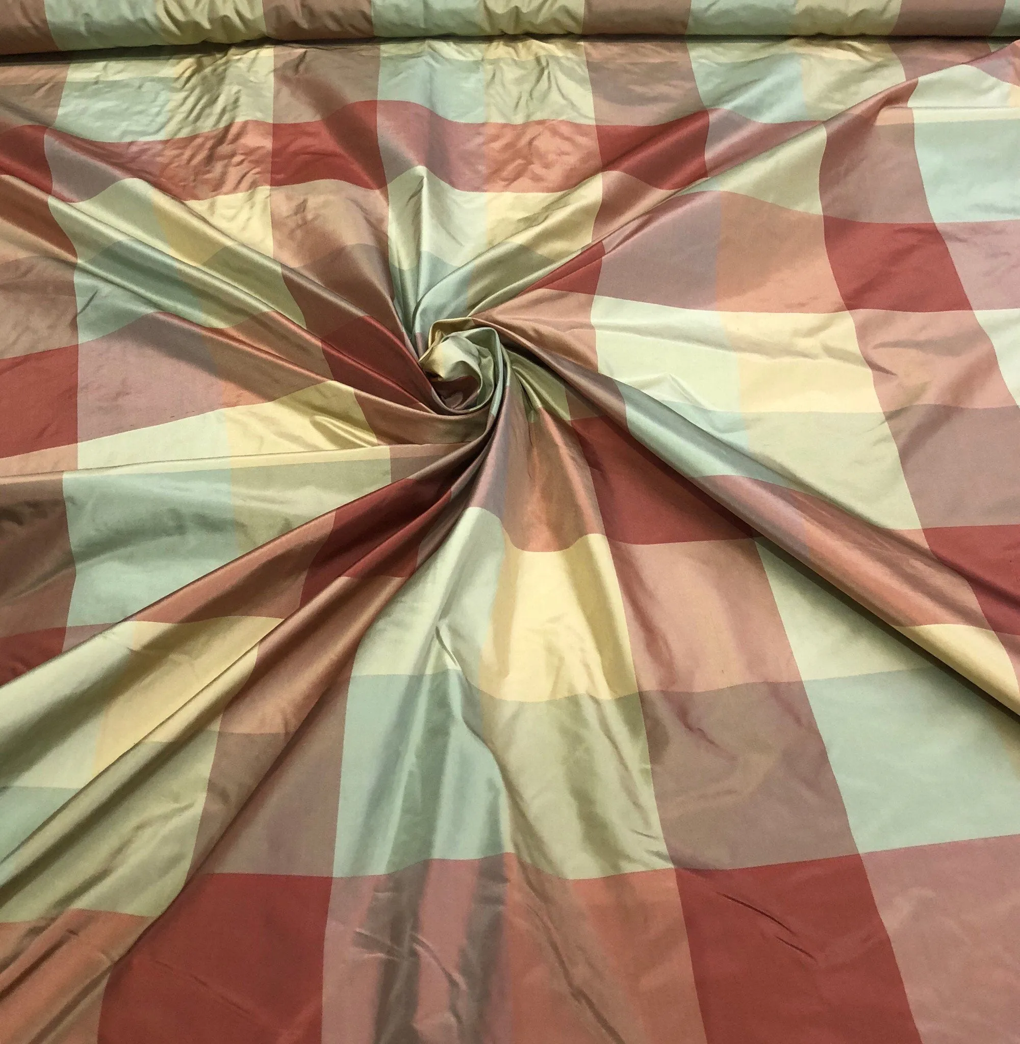 Silk taffeta plaid 54&quot; wide    Beautiful sage green gold wine mix silk taffeta fabric sold by the yard