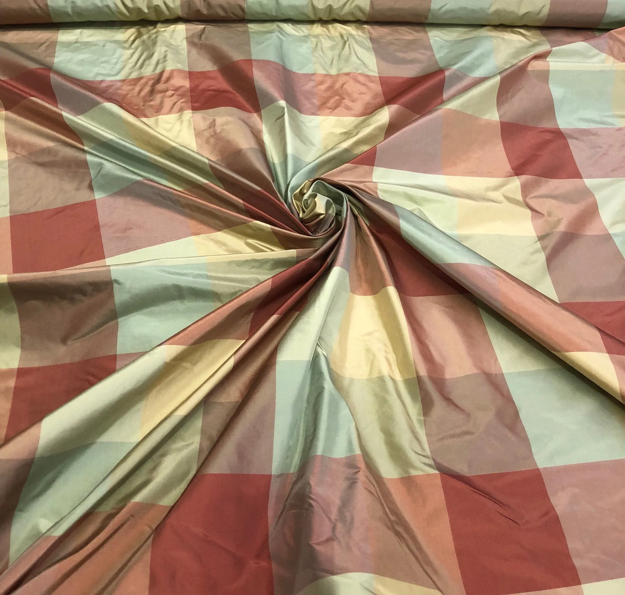 Silk taffeta plaid 54&quot; wide    Beautiful sage green gold wine mix silk taffeta fabric sold by the yard