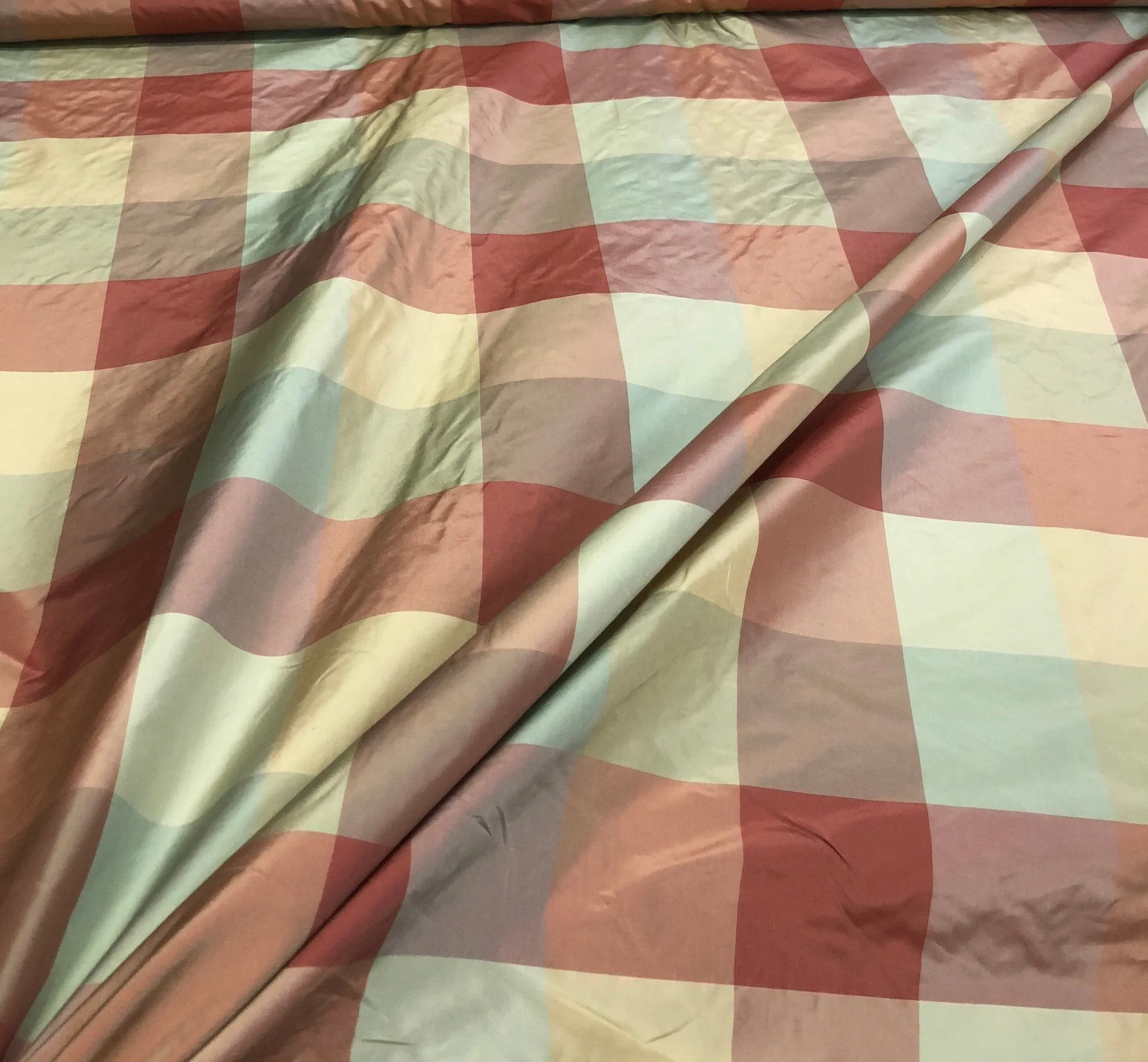 Silk taffeta plaid 54&quot; wide    Beautiful sage green gold wine mix silk taffeta fabric sold by the yard