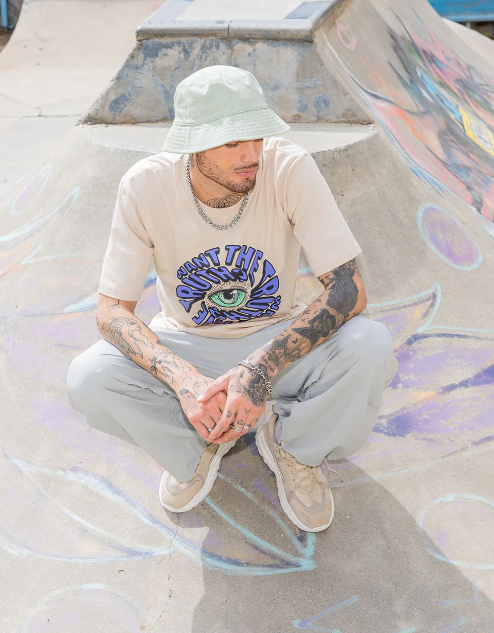 Truth Beige Oversized Chest Graphic Printed Tshirt