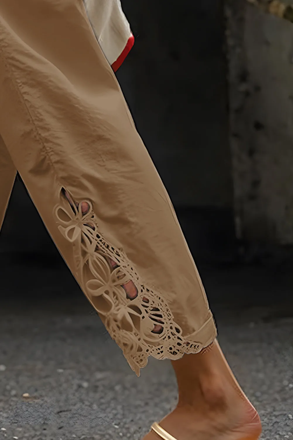 White Lace Splicing Drawstring Casual Cotton Pants